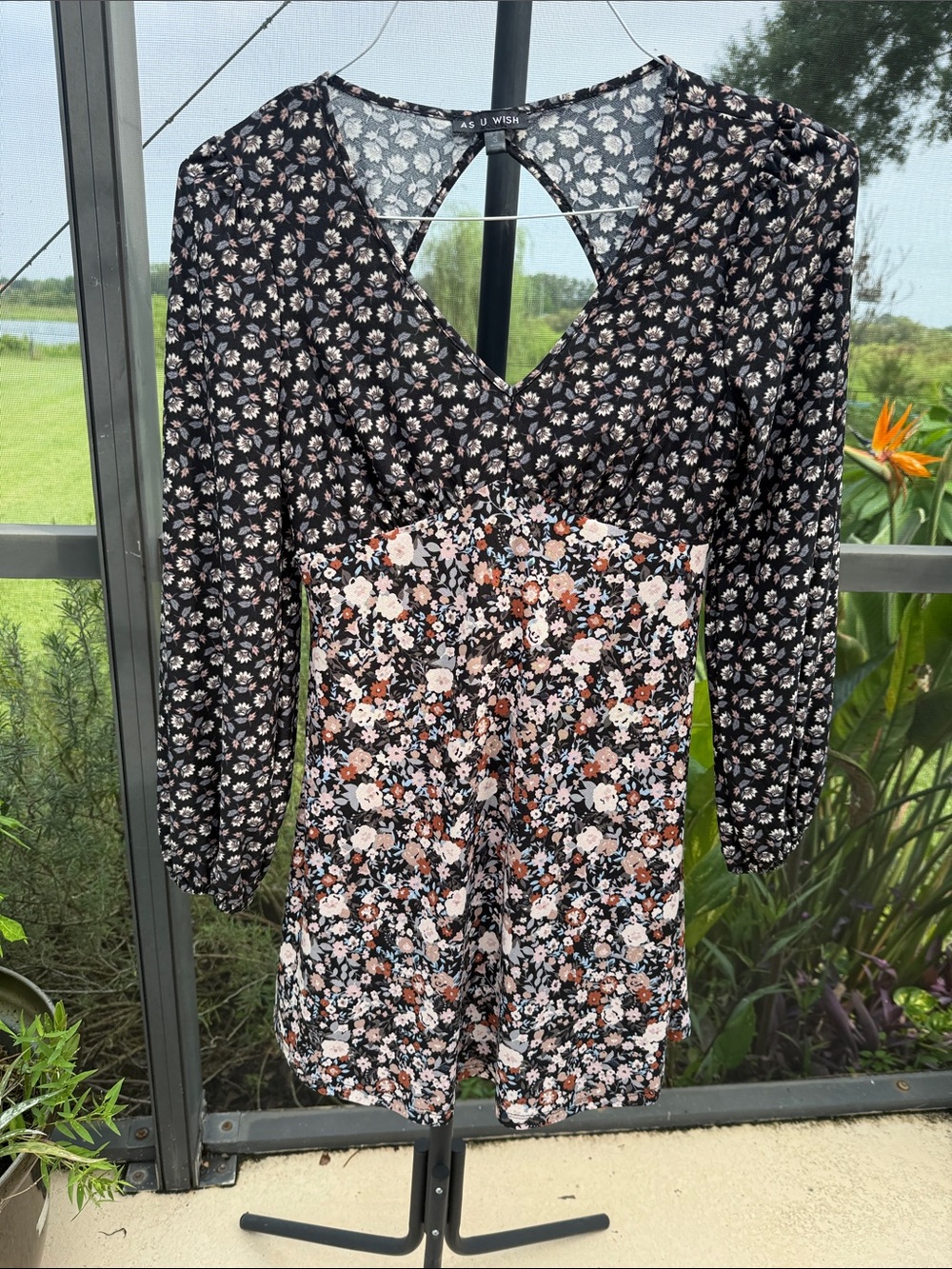 As U Wish Black Floral Mini Dress with Pink & Rust Accents